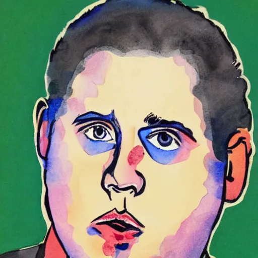 Prompt: jonah hill, stylized. Watercolor and ink. 1950s.