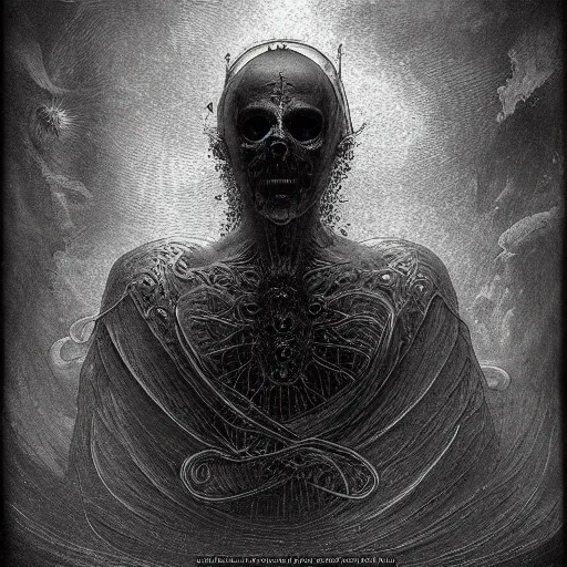 Prompt: ruler of the cosmic shadow realm, detailed, cgi, dark atmosphere, horror, by gustave dore, by emil melmoth, trippy, epic, symmetrical - h 8 3 3