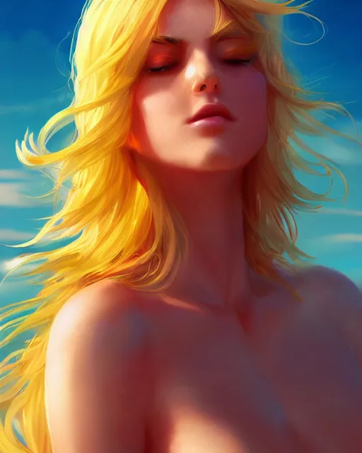 Image similar to summer vibes, beautiful sun goddess, flowy yellow golden hair, sun, summer, cinematic lighting, highly detailed, digital painting, trending on artstation, pixiv, concept art, sharp focus, illustration, art by ross tran and wlop