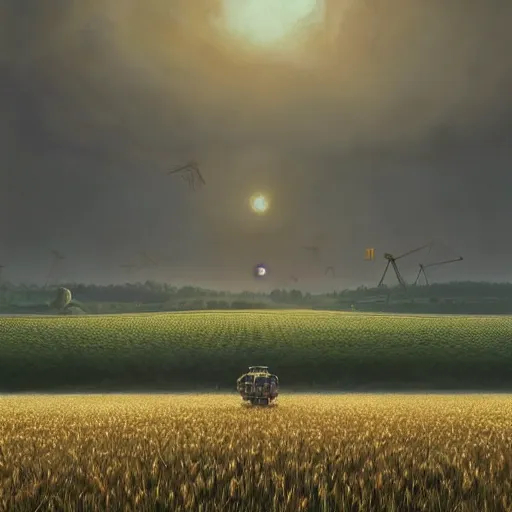 Image similar to giant mech stands over hay field by simon stalenhag, atmospheric haze, children below look up, misty evening, sci fi digital painting, unreal engine 5, photorealism, hd quality, 8 k resolution, cinema 4 d, 3 d, cinematic, professional photography, art by artgerm and greg rutkowski and alphonse mucha and loish and wlop