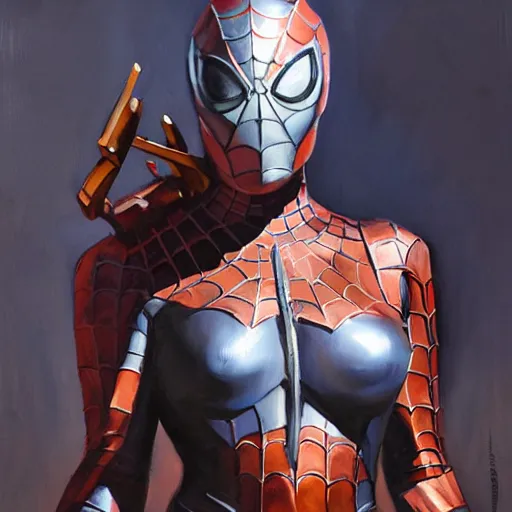 Image similar to greg manchess portrait painting of partially armored female iron spiderman as overwatch character, medium shot, asymmetrical, profile picture, organic painting, sunny day, matte painting, bold shapes, hard edges, street art, trending on artstation, by huang guangjian, gil elvgren, ruan jia, greg rutkowski, gaston bussiere