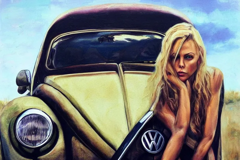 Prompt: beautiful beautiful beautiful yeah charlize theron with long blonde hair locks holds over its head on its two hands old volkswagen beetle, oil on canvas, naturalism