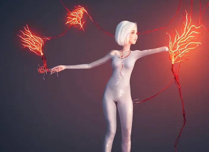 Image similar to girl with silk glowing white hair showing her hands with glowing puppeteer stings coming out of it, concept digital art trending on artstation oilpaint centric layout symmetric black background