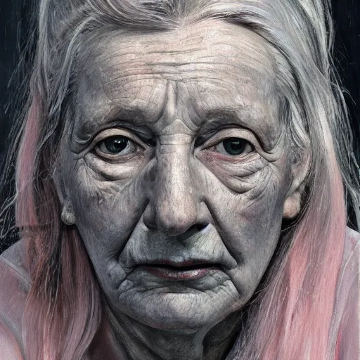 Prompt: high quality high detail painting by lucian freud, hd, pink and gray hair woman portrait, photorealistic lighting