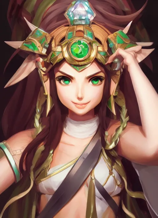 Prompt: portrait, head and torso only, palutena, trending on artstation, concept art, movie poster, fine detail, extremely detailed, sharp focus, smooth, digital illustration, by rossdraws, frank franzzeta, sakimichan, corrected hand, perfect hands