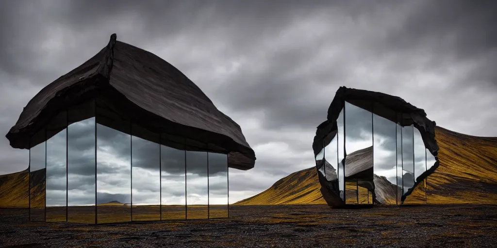 Prompt: futuristic architect house made from deconstucted burnt wood and mirrors, floating, portal, refraction, iceland landscape photography, by lurie belegurschi and gunnar freyr