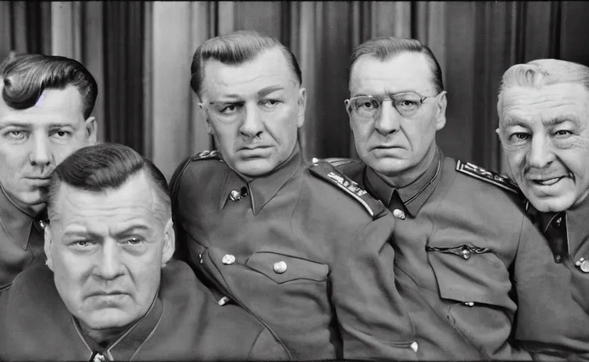 Image similar to 50s movie still close-up portrait of three individual elder soviet generals with very diverses faces in a stalinist hall, by David Bailey, Cinestill 800t 50mm black and white, heavy grainy picture, very detailed, high quality, 4k, HD criterion, precise texture, facial precision, diverse haircuts, diverse ages, each faces precisely define