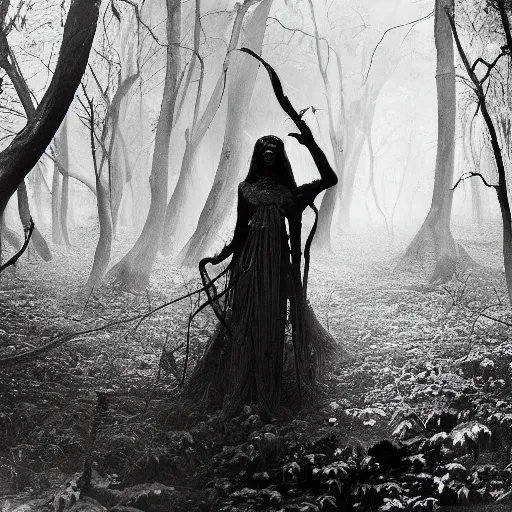 Prompt: an ancient demon-girl on a mysterious fractal forest, evil, entity, mist, 1910 photography, Black and white