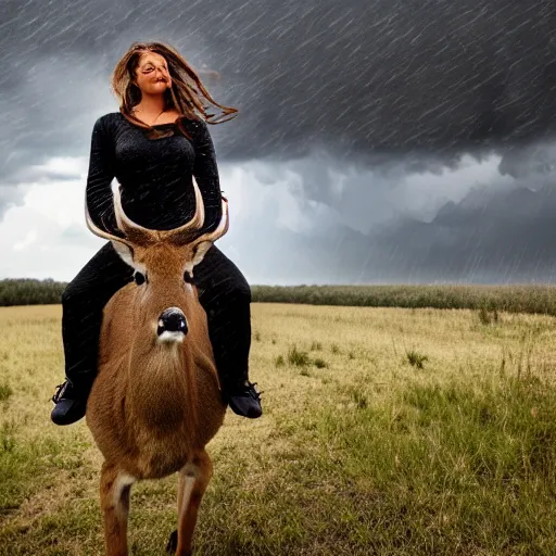 Image similar to 4 k hdr wide angle detailed portrait of a beautiful instagram model woman riding on top of a wild buck deer in a rain shower during a storm with thunder clouds overhead and moody stormy lighting sony a 7