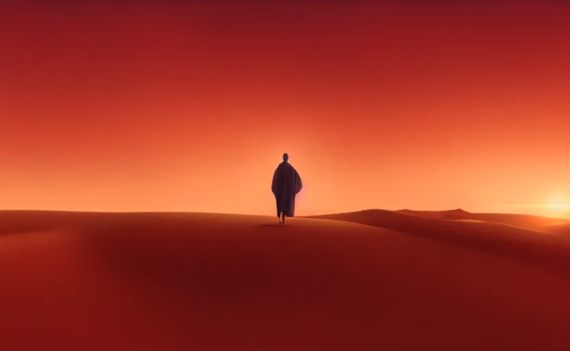 Image similar to a man on a sand dune, silhouetted against the horizon, desert landscape, simple robe blowing in the wind, sun setting, orange and red sky, detailed, futuristic, volumetric light, intricate, detailed, photorealistic imagery, artstation, by Greg Rutkowski and Gaston Bussiere