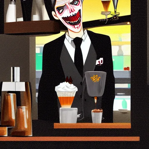 Image similar to Wendigo in a tuxedo suit as a barista in a bar, digital art, illustration, oil on canvas, trending on Artstation