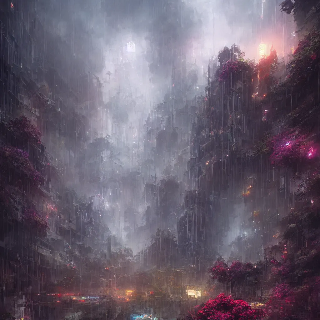 Image similar to ta ha, volumetric lighting, highly detailed, by greg rutkowski, complementing colors, god looking at me, heavy rainy, lofty heavens, water reflection, flowers, hyper realistic, concept art, 8 k detail post - processing, cyberpunk style, arcane style