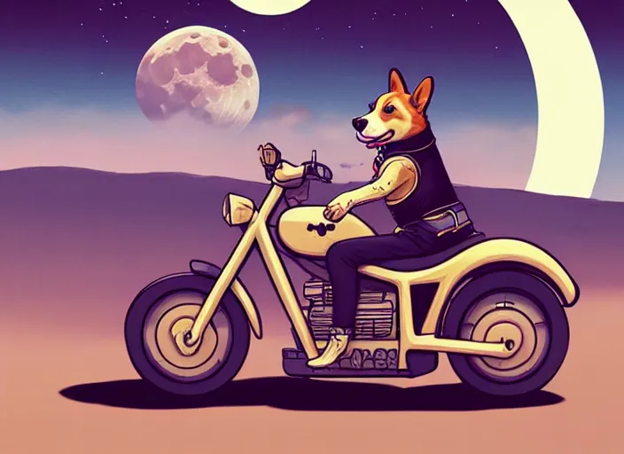 Image similar to a cell shaded cartoon corgi riding a motorcycle, with a big head, on a desert road, wide shot, in front of a big moon, muted colors, post grunge, josan gonzales, wlop, by james jean, victor ngai, hq, deviantart, art by artgerm