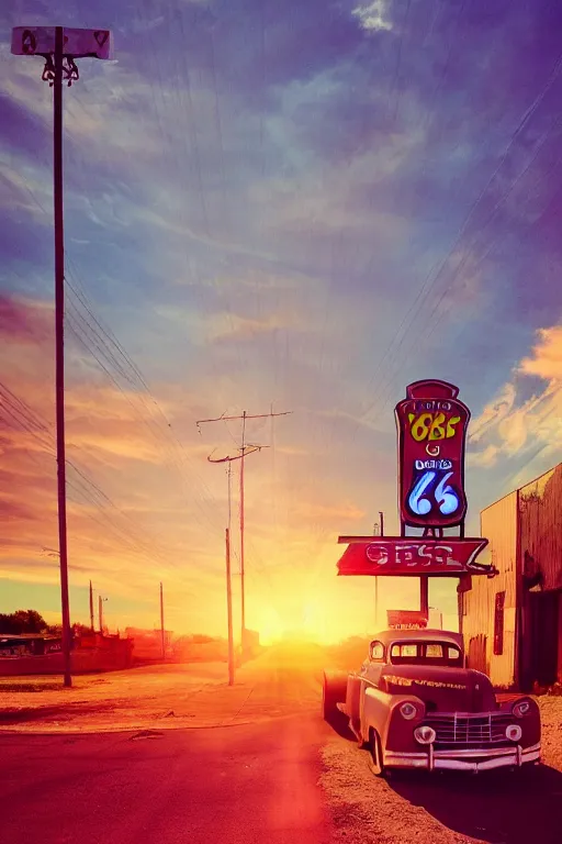 Image similar to a sunset light landscape with historical route 6 6, lots of sparkling details and sun ray ’ s, blinding backlight, smoke, volumetric lighting, colorful, octane, 3 5 mm, abandoned gas station, old rusty pickup - truck, beautiful epic colored reflections, very colorful heavenly, softlight