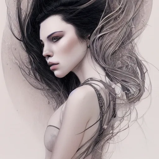 Prompt: a beautiful detailed line art sketch of an attractive female with long black hair covering half of her face, centered, glamour portrait, by karol bak and moebius and beeple, trending on artstation and 5 0 0 px and behance, extreme detailing, realistic, f 8, 4 k hd wallpaper