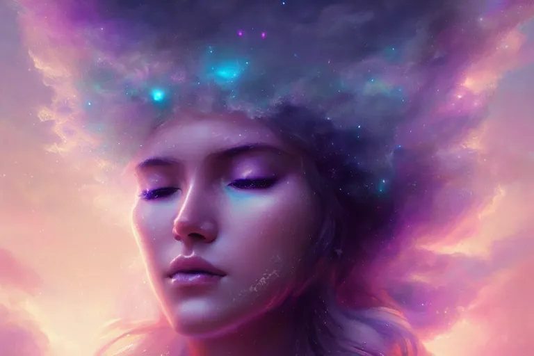 Image similar to a beautiful portrait of a female goddess surrounded by fluffy clouds with closed eyes, galaxy theme colors, galaxy theme colors, ultra realistic digital art by Greg Rutkowski and Raymond Swanland, Trending on Artstation, ultra realistic digital art, ultra realistic digital art