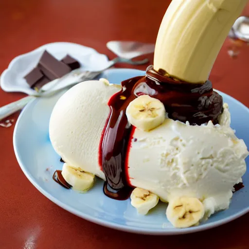 Prompt: dslr food photograph of an ice cream banana split with shrimps on top, banana, chocolate sauce, 8 5 mm f 1. 4