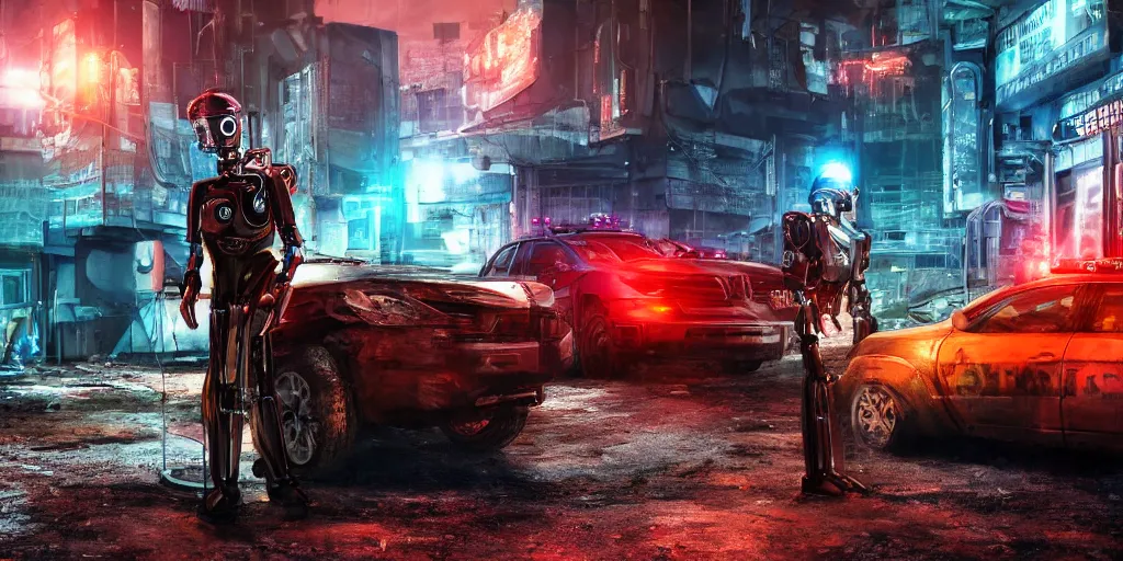 Prompt: a robotic chtulhu police officer next to a futuristic police car, rusty helmet, cyberpunk, fallout 5, studio lighting, deep colors, apocalyptic setting, city at night