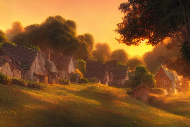 Image similar to sunset over the cottages in the shire, ghibli, artstation, award wining, rutkowski, shinkai