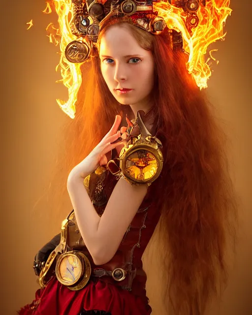 Image similar to a beautiful image of a young woman, steampunk Chandra queen of fire, big googles over her head, long flowing hair glowing with fire, steampunk costume mostly red and gold young female face, cinematic top lighting, insanely detailed and intricate, face by wlop, Charlie Bowater, golden ratio, symmetric, elegant, ornate, luxury, elite, matte painting, cinematic, trending on artstation, deviantart and cgsociety, 8k, high resolution