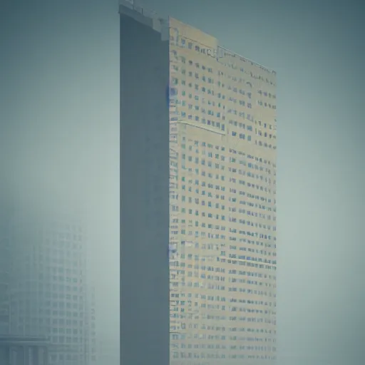 Image similar to a very tall soviet panel building in the fog, dystopian style, 4k, octane, hyperrealistic, extremely detailed,