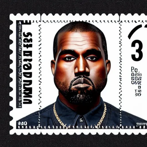 Image similar to a postage stamp with kanye west's face, up - scale photo, detailed, studio photo.