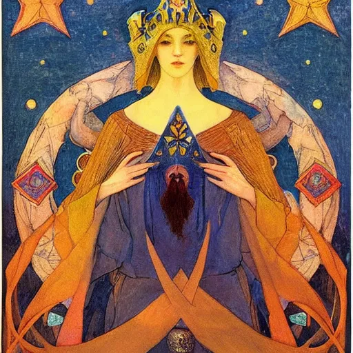 Image similar to the night crown, by Annie Swynnerton and Nicholas Roerich , embroidered robes, starry tattoos, elaborate costume, geometric ornament, symbolist, soft colors, dramatic lighting, smooth, sharp focus, extremely detailed