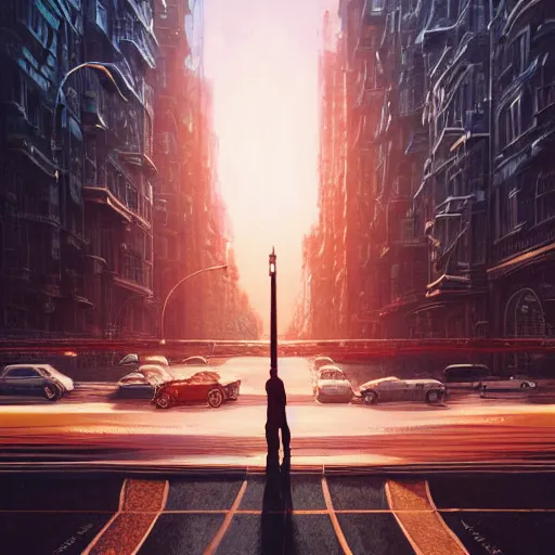 Image similar to detailed intricate digital illustration by greg rutkowski and artgerm and wlop and sanford robinson gifford ; anatomical human veins loom over city intersection ; 1 3 mm film, arri alfa anamorphic lens ; sharp focus ; golden hour, trending on artstation 8 k