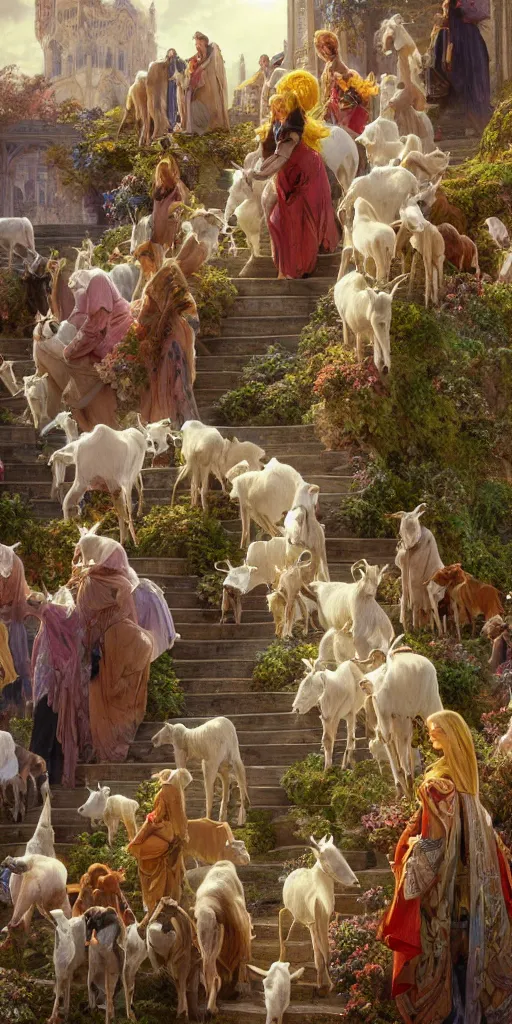 Image similar to a herd of goats! on stairs in a beautiful fantasy cathedral, epic, grandiose, many goats, magic, tall towers, gorgeous clouds, colorful, sunrays, digital painting, landscape, octane render, unreal engine, high detail, very realistic, by alphonse mucha