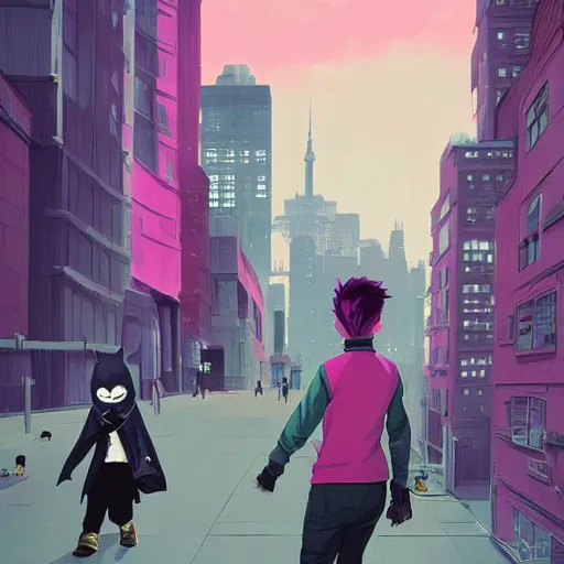 Image similar to damian wayne with pink haired friend, city landscape, Gotham, artstation, highly detailed, by makoto shinkai and thomas kindle and James gilleard