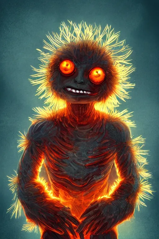 Image similar to a glowing humanoid figure dandelion monster with large glowing eyes, orange background, highly detailed, digital art, sharp focus, trending on art station, plant, anime art style