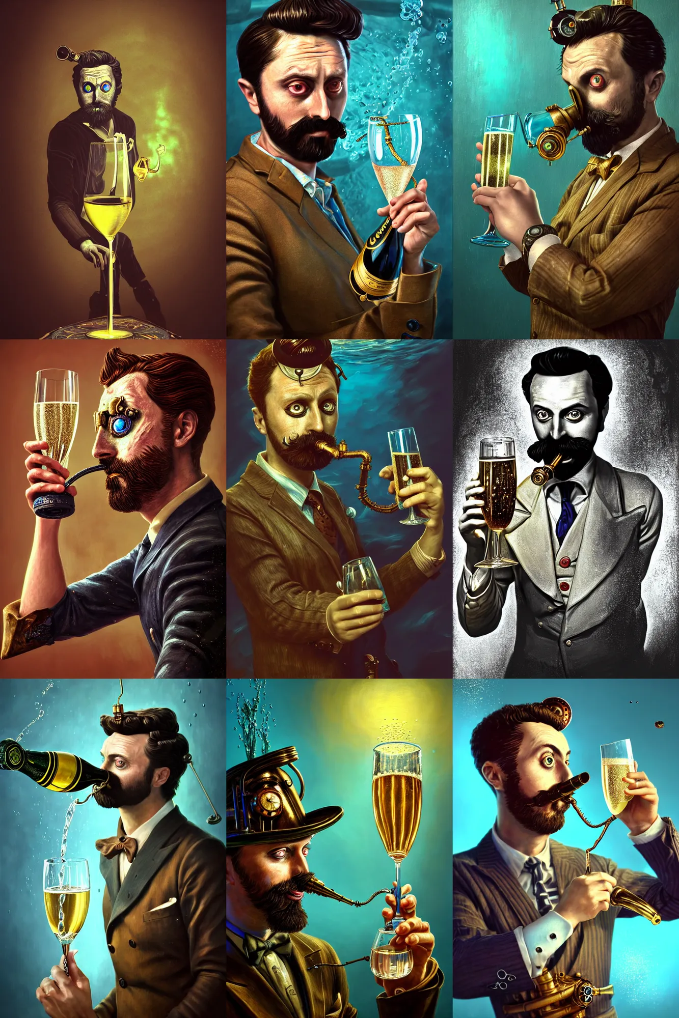 Prompt: surrealist portrait of forsen sipping from a champagne glass, famous twitch streamer, aquatic bioshock steampunk background, fantasy, depth of field, highly detailed, intricate, realistic, soft glow, textured, artstation, concept art, sharp focus, illustration, vivid colors, 8 k octane render, painting by konan lim and durmus bahar