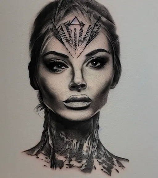 Image similar to realism tattoo sketch of a isabelledeltore face double exposure mountain scenery, in the style of matteo pasqualin, amazing detail, sharp, faded