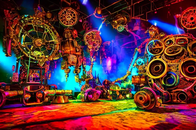 Image similar to scene is elrow party in amnesia ibiza, portrait photo of a giant huge golden and blue metal steampunk robot, with gears and tubes, eyes are glowing red lightbulbs, shiny crisp finish, 3 d render, 8 k, insaneley detailed, fluorescent colors, haluzinogetic, background is multicolored lasershow