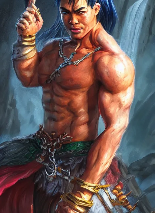 Image similar to muscly asian man mid parted hair, dndbeyond, bright, colourful, realistic, dnd character portrait, full body, pathfinder, pinterest, art by ralph horsley, dnd, rpg, lotr game design fanart by concept art, behance hd, artstation, deviantart, hdr render in unreal engine 5