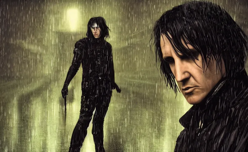 Image similar to an epic fantasy comic book style portrait painting of very beautiful imposing industrial goth trent reznor as snape with wet hair in the rain, neon reflections, character design by mark ryden and pixar and hayao miyazaki, unreal 5, daz, hyperrealistic, octane render, cosplay, rpg portrait, dynamic lighting, intricate detail, cinematic