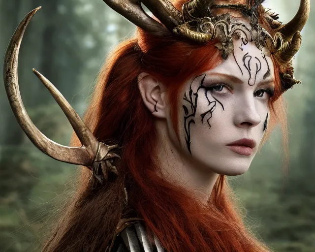 Image similar to 5 5 mm portrait photo of an armored gorgeous anesthetic redhead woman warrior with a face tattoo and horns growing from her head, in a magical forest. by luis royo. highly detailed 8 k. intricate. lifelike. soft light. nikon d 8 5 0. cinematic post - processing