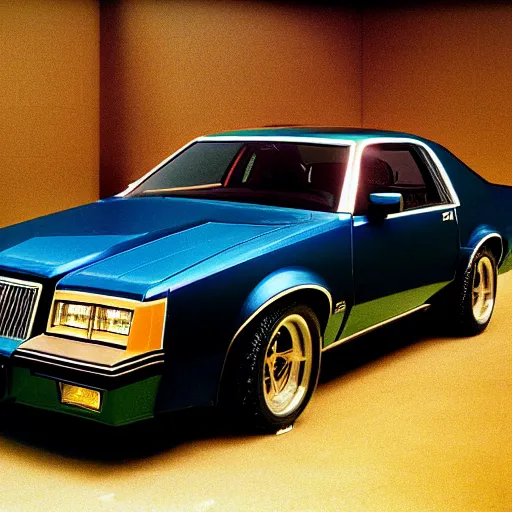 Image similar to 1980 Grand National GNX GTO, inside of an auto dealership, ektachrome photograph, volumetric lighting, f8 aperture, cinematic Eastman 5384 film