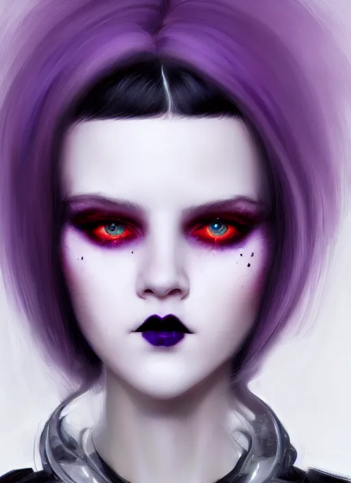 Image similar to portrait of white teenage girl, normal face, white bangs, mall goth, cyberlox, black and white hair, bangs, fluffy bangs, red contact lenses, purple lipstick, intricate, elegant, highly detailed, digital painting, artstation, concept art, sharp focus, smooth, illustration, art by wlop, mars ravelo and greg rutkowski