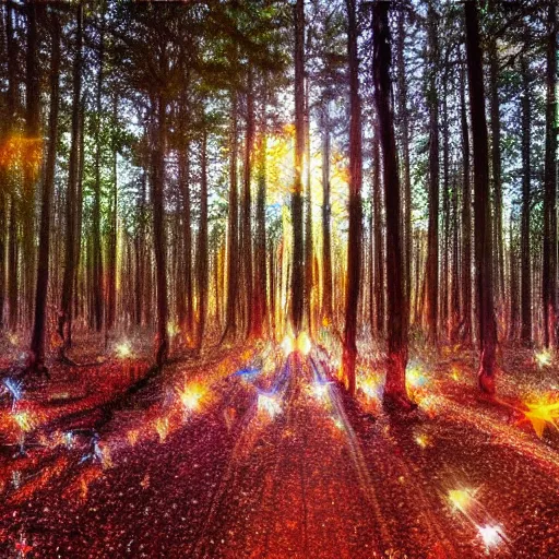 Image similar to sunrise nordic forest, sparkling spirits, detailed wide shot, crayon, ground detailed, wet eyes reflecting into eyes reflecting into infinity, beautiful lighting