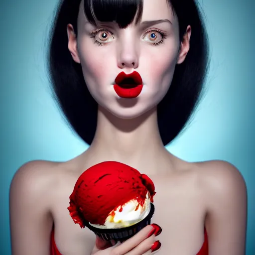 Image similar to cute girl in red dress with black hair and large beautiful eyes consuming ice cream in her bed, digital art, full body shot, perfect symmetrical body, perfect symmetrical face, coherent symmetrical eyes, by peter kemp, by monia merlo, hyperdetailed, octane render, 8 k