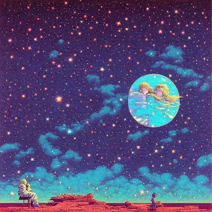 Image similar to ( ( ( ( beautiful starry sky and cloud ) ) ) ) ) by mœbius!!!!!!!!!!!!!!!!!!!!!!!!!!!, overdetailed art, colorful, record jacket, warm tones, bioluminescent