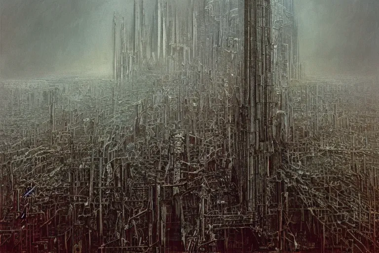 Prompt: Hanoi cityscape by HR Giger and Zdzislaw Beksinski, gothic, galactic, oil on canvas, artstation, dramatic scenery, masterpiece, aesthetic