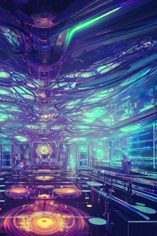 Image similar to a centered render of intricate modular synthesizer futuristic nightclub surrounded by ethereal lights and fractal geometry, cinematic, beautifully lit, by artgerm, by beeple, by karol bak, by donato giancola, by atelier olschinsky, 3 d, trending on artstation, octane render, 8 k