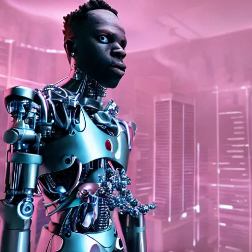 Image similar to a cinematic film still of rapper unotheactivist as a cybernetic cyborg, cgi, surrealism, film photography