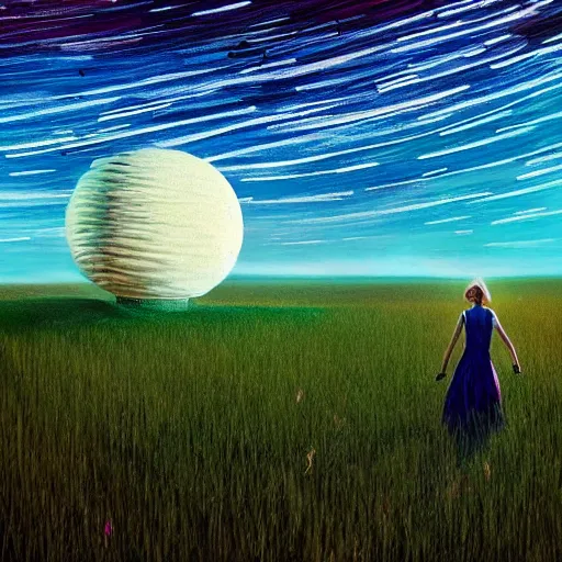 Image similar to giant daisy flower as a head, girl walking in wheat field, hills, surreal photography, moon light, dark night, star trails, dramatic light, impressionist painting, clouds, digital painting, artstation, simon stalenhag