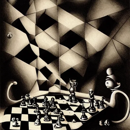 Image similar to jerry garcia and a bear playing chess, drawing by mc escher, hyper realistic, volumetric lighting