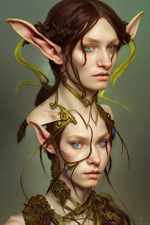 Image similar to portrait of an elf - goblin crossbreed using the golden ratio, highly detailed, digital painting, artstation, sharp focus, illustration, art by tan zi and ayanamikodon and alphonse mucha and wlop