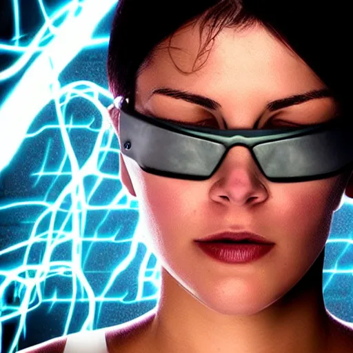 Image similar to woman plugged into the matrix