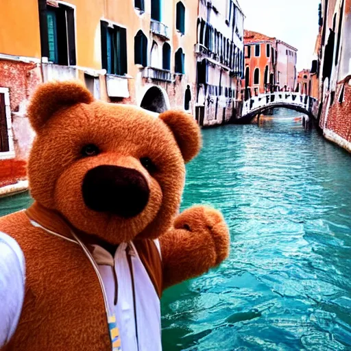 Prompt: selfie of a teddy bear visiting venice